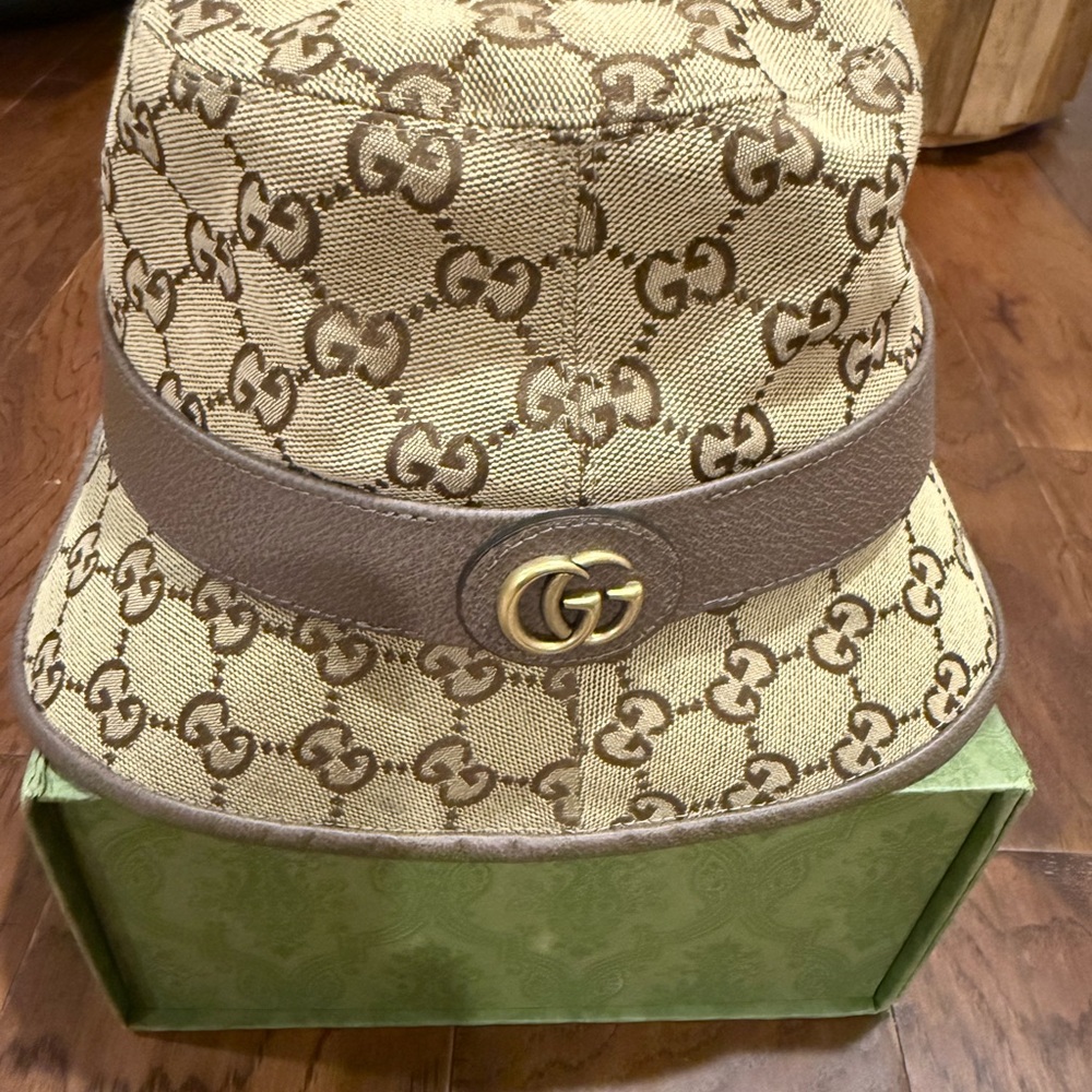 Gucci Tan Monogram Bucket Hat with Gold Logo